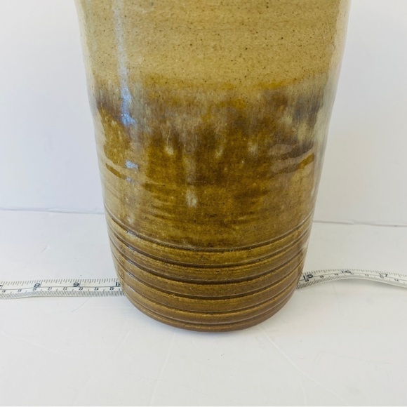 POTTERY vase yellow cream ochre large tall ribbed drip glazed - Picture 7 of 12